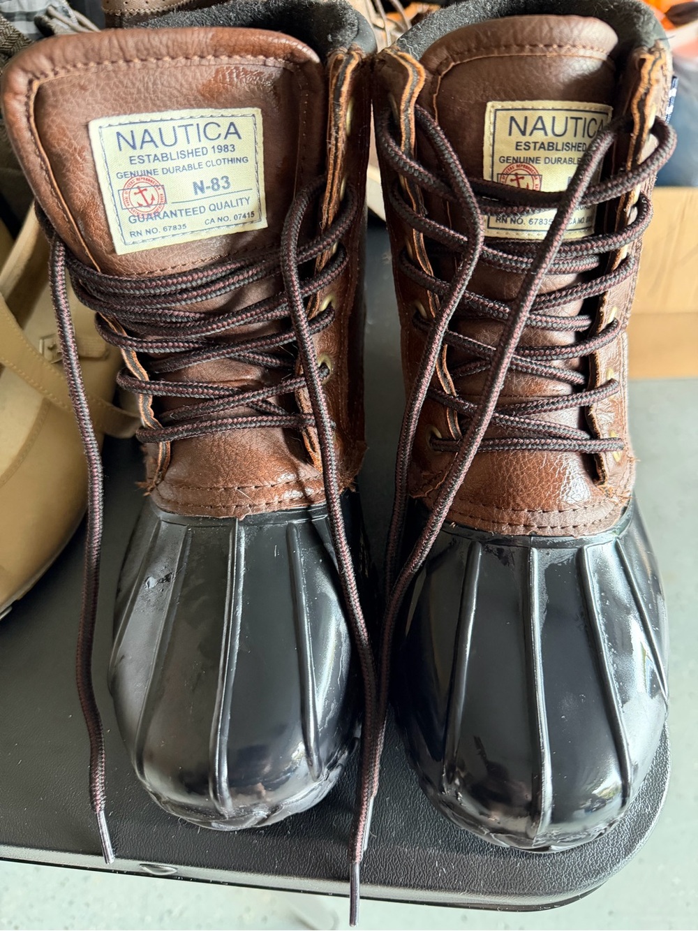 Nautica Brown and Black Lace-Up Duck Boots